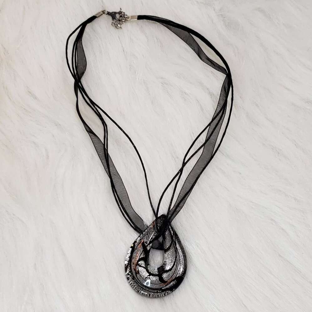 Medallion Cord Necklace  Multi Strand Glass Art Black silver copper Choker 1990s